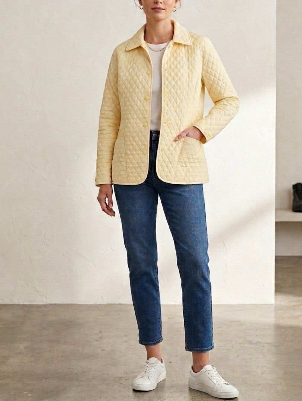Vintage Northern Reflections Pale Yellow Quilted Button-Up Jacket Womens S